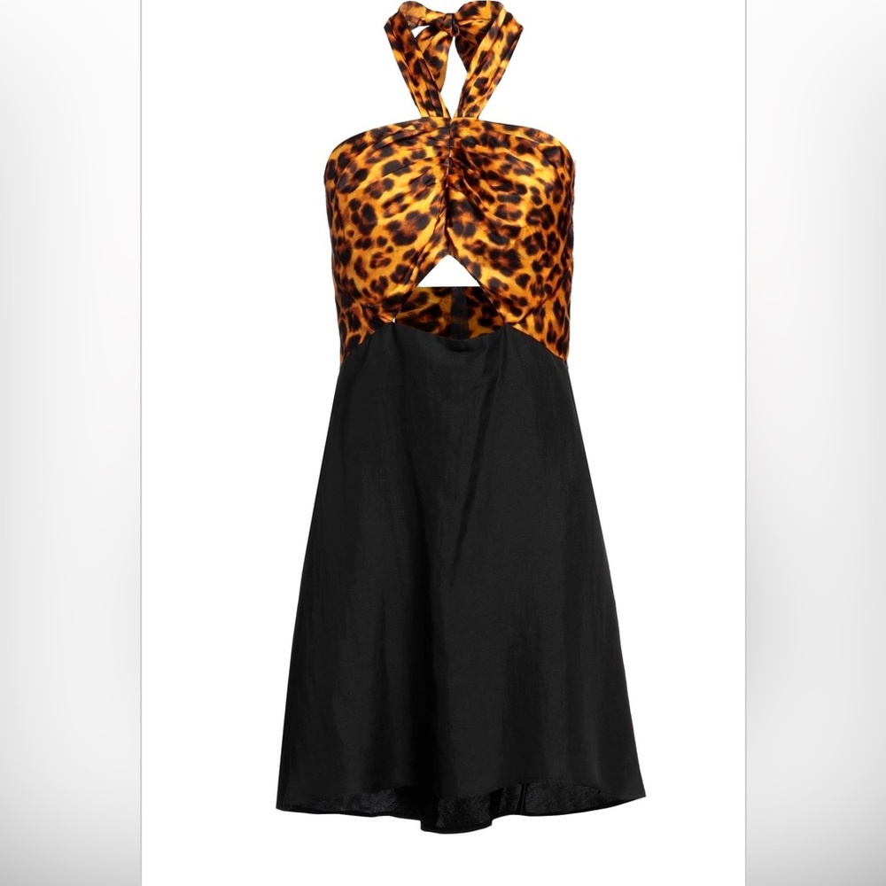 SANDRO Paris Ruched Halter Linen Blend Mini Dress with Leopard Animal Print - Picture 4 of 10
